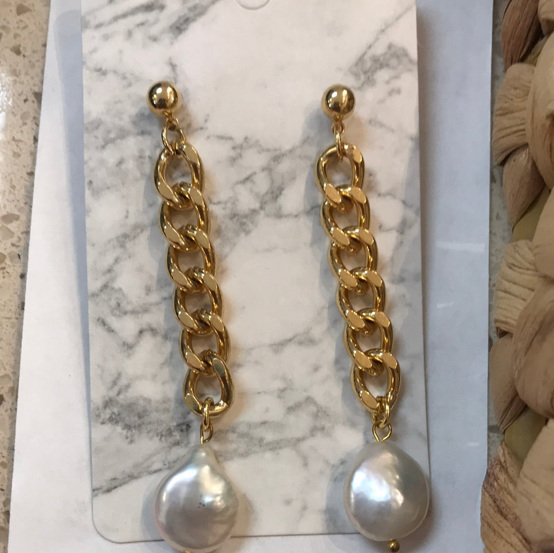 Luxe Group/Sadco- Cuban Chain Drop Coin Pearl Earrings