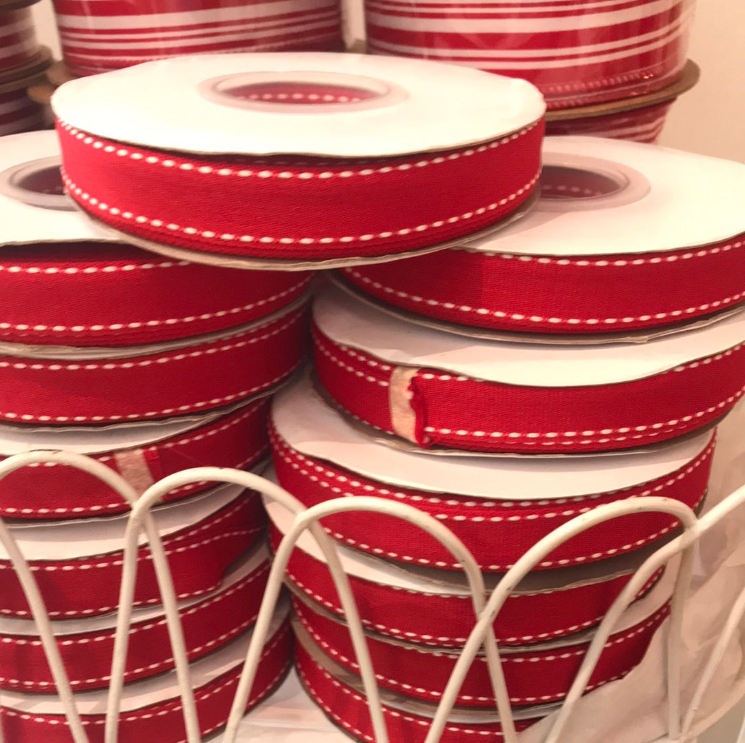 LaRibbons and Crafts- 5/8" Saddle Stitch Grosgrain Ribbon- Red/White Stitch