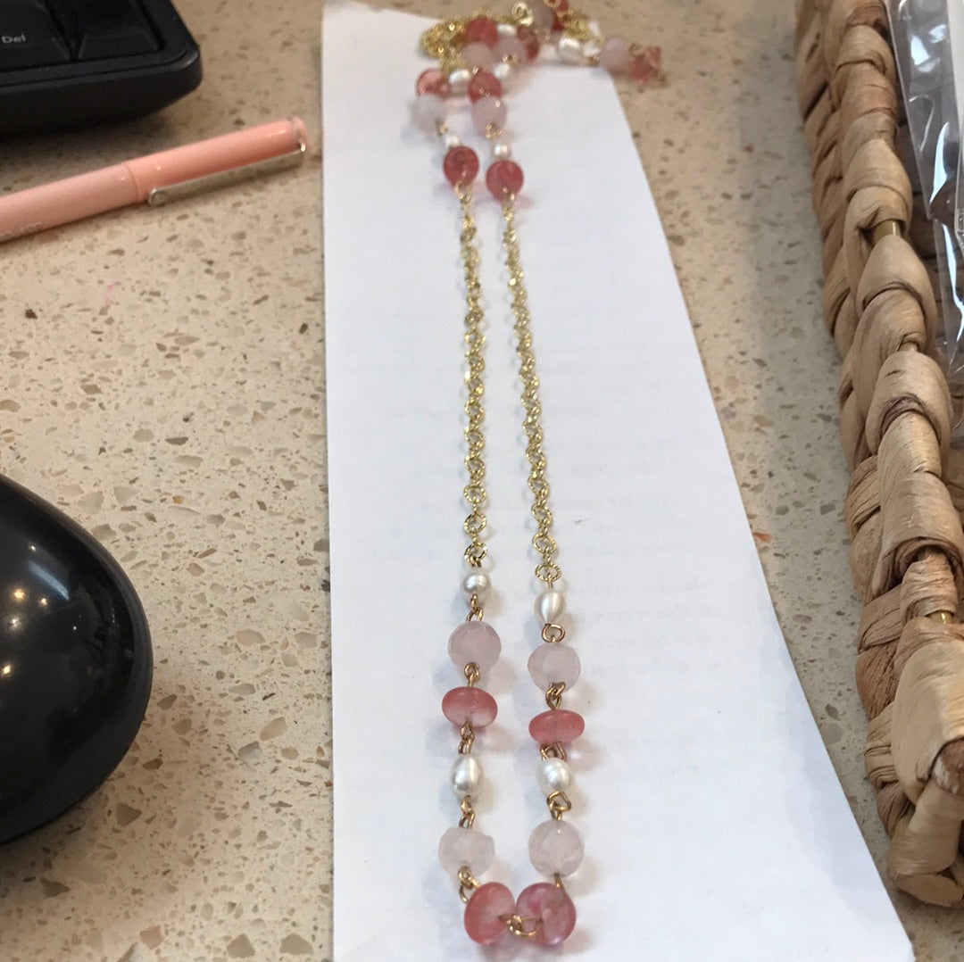 Luxe Group/Sadco- FWP Faceted Rose Quartz & Donut Cherry Quartz Oval Link Long Station Necklace Cherry/Rose QTZ