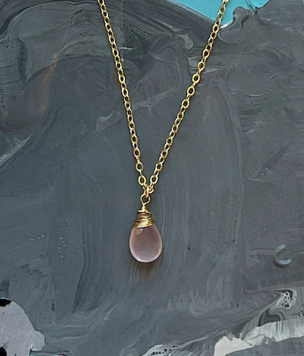 Lula 'n' Lee- 14K Gold Filled Chain necklace with wire wrapped Rose Quartz teardrop