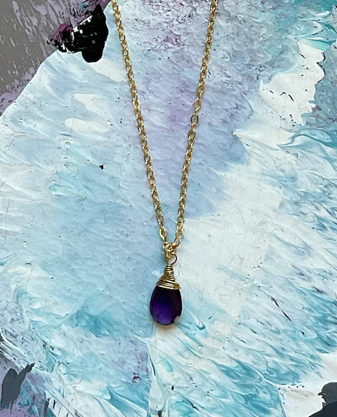 Lula 'n' Lee- 14K Gold Filled chain necklace with wire wrapped Amethyst teardrop gemstone