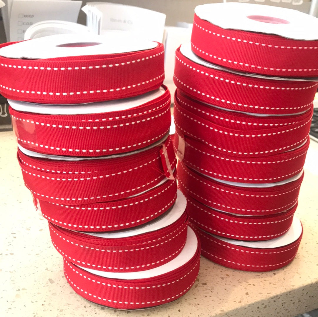 LaRibbons and Crafts- 7/8" Saddle Stitch Grosgrain Ribbon- Red/White Stitch