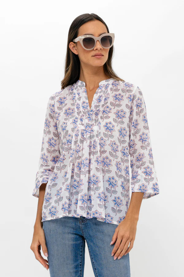 Oliphant- Portofino Aqua Long Sleeve Pintuck Blouse