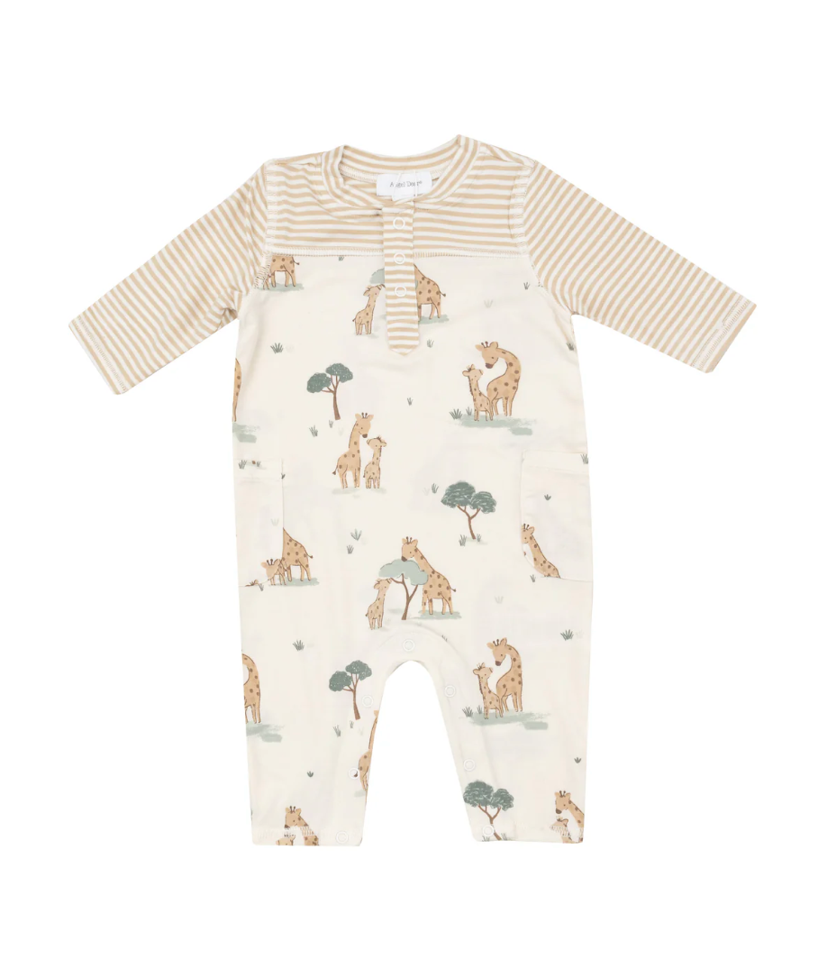 Angel Dear- Giraffe Families Romper w/ Contrast Sleeve