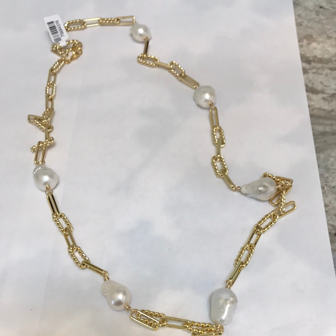 lula'n'lee- 34'' gold plated chain and baroque pearl necklace